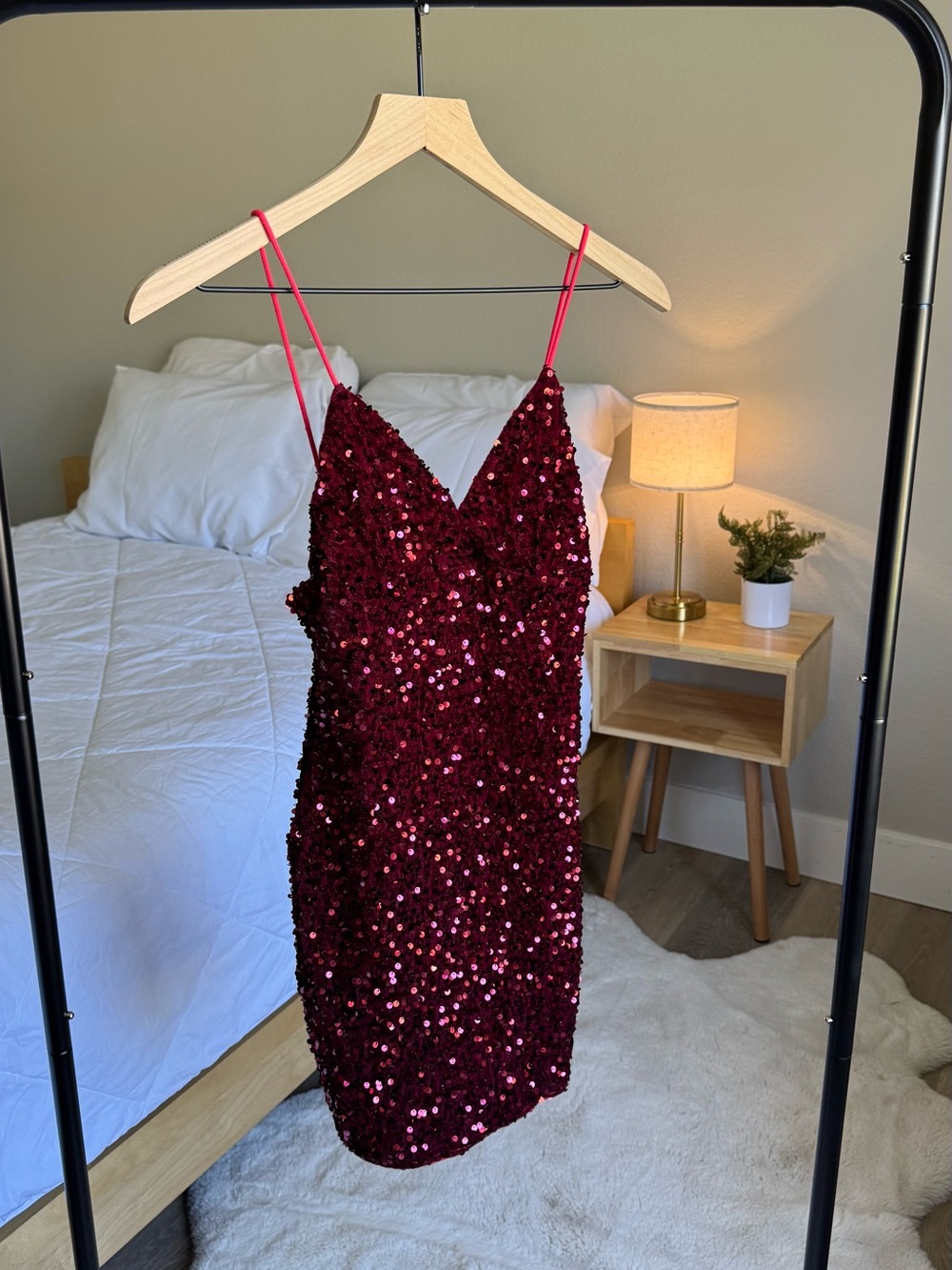 SHEIN Burgundy Sequin Spaghetti Strap Mini Dress